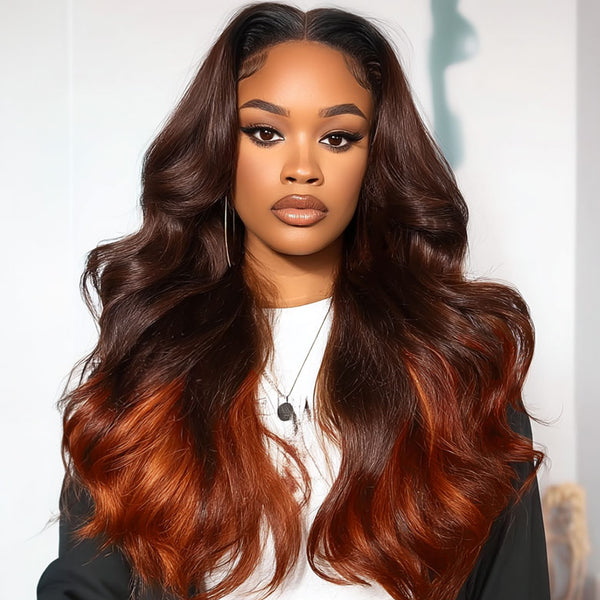 Klaiyi 13x4 Brown to Red Ombre Loose Wave Wig With Face Framing Layers Put on and go Lace Front Wig