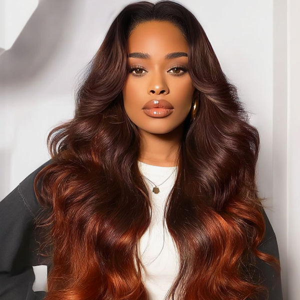 Klaiyi 13x4 Brown to Red Ombre Loose Wave Wig With Face Framing Layers Put on and go Lace Front Wig