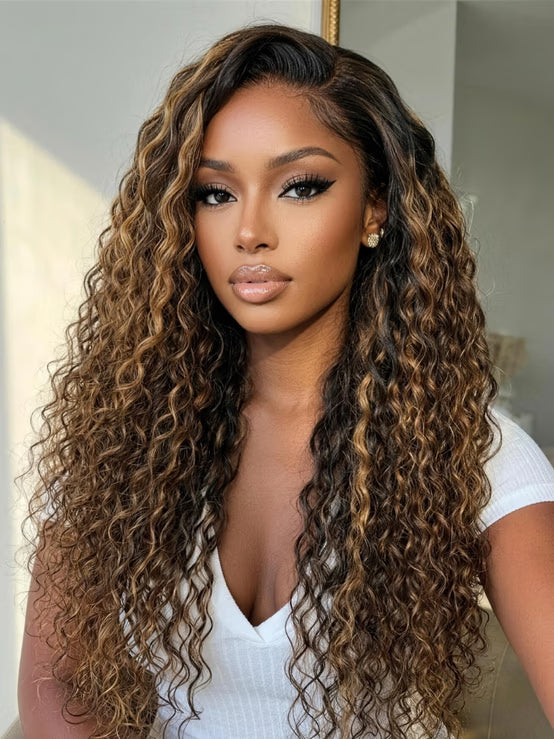 Klaiyi 7x5 No Slip Gluless Lace Closure Wig Balayage Brown Highlight Water Wave Human Hair