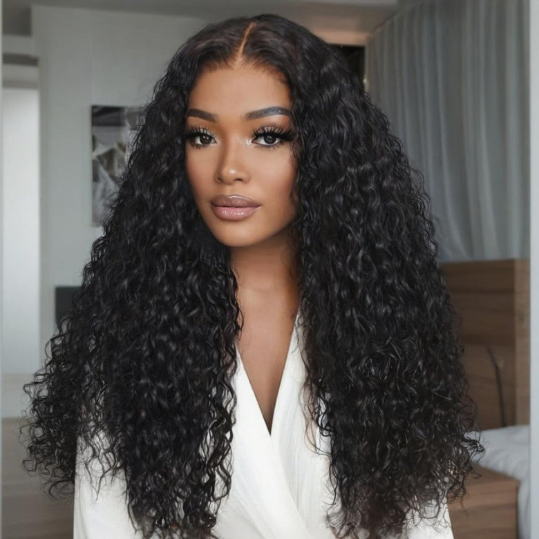 Klaiyi 7x5 Bye Bye Knots Lace Closure Mixed Curls Deep Wave and Jerry Curly Fluffy Wig Defined Curls Glueless Wig with Invisi-Drawstring