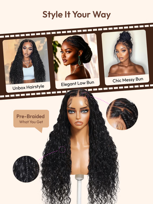 $99=36inch | Flash Sale Klaiyi 34inch Knotless Full Lace Box Braid Wig Boho Goddess Braided Wig with Baby Hair Curly Ends Wig