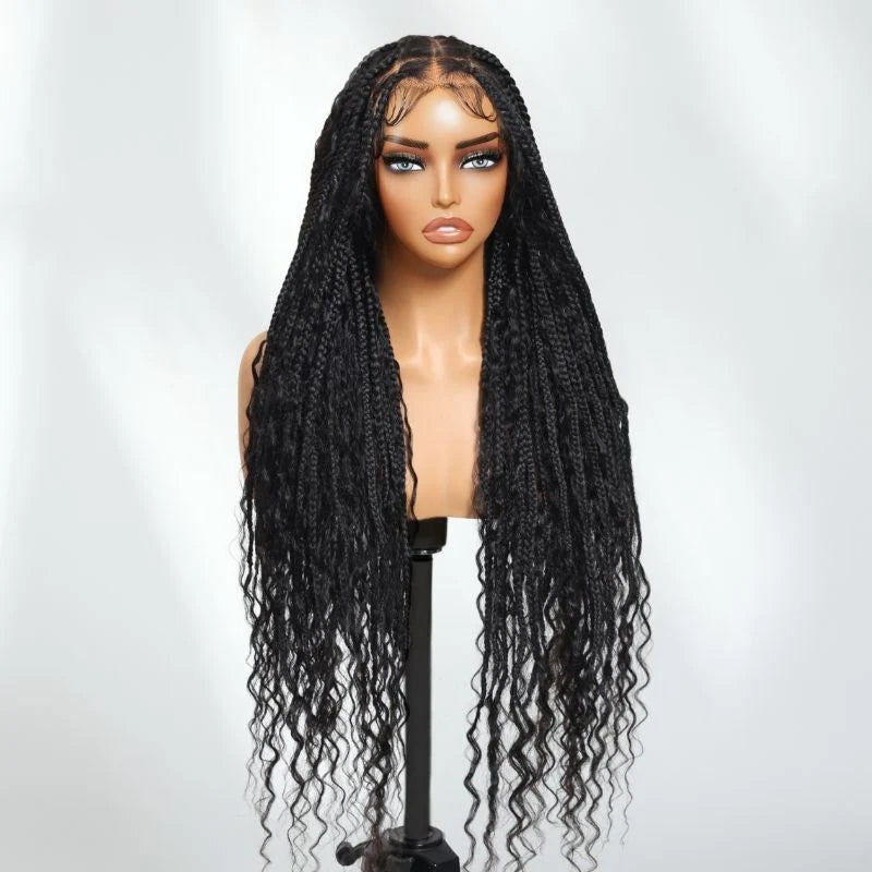 Flash Sale Klaiyi Knotless Full Lace Box Braid Wig Boho Goddess Braided Wig with Baby Hair Curly Ends Wig