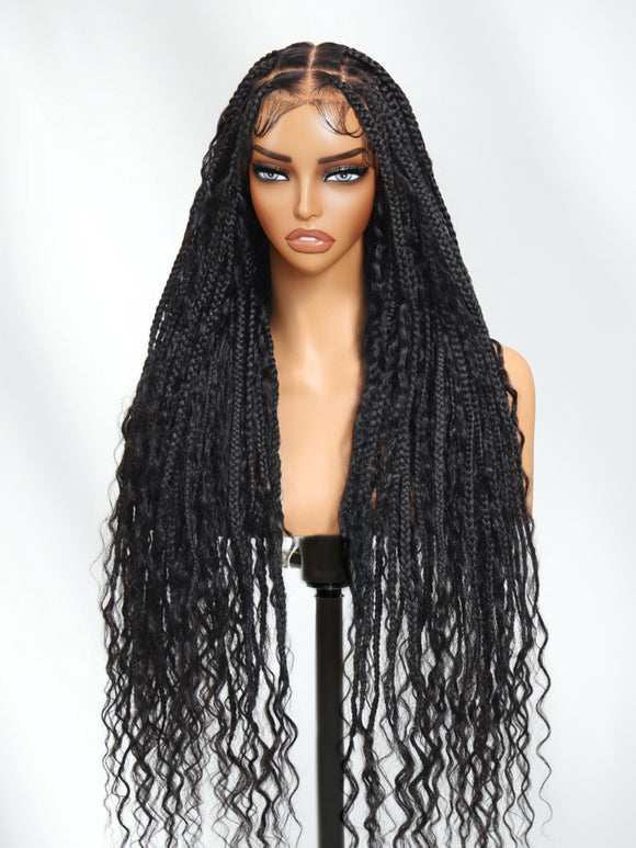 $99=36inch | Flash Sale Klaiyi 34inch Knotless Full Lace Box Braid Wig Boho Goddess Braided Wig with Baby Hair Curly Ends Wig
