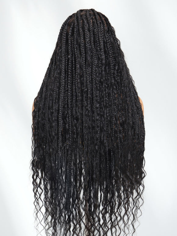 $99=36inch | Flash Sale Klaiyi 34inch Knotless Full Lace Box Braid Wig Boho Goddess Braided Wig with Baby Hair Curly Ends Wig