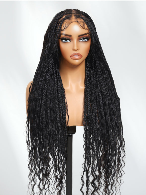$99=36inch | Flash Sale Klaiyi 34inch Knotless Full Lace Box Braid Wig Boho Goddess Braided Wig with Baby Hair Curly Ends Wig