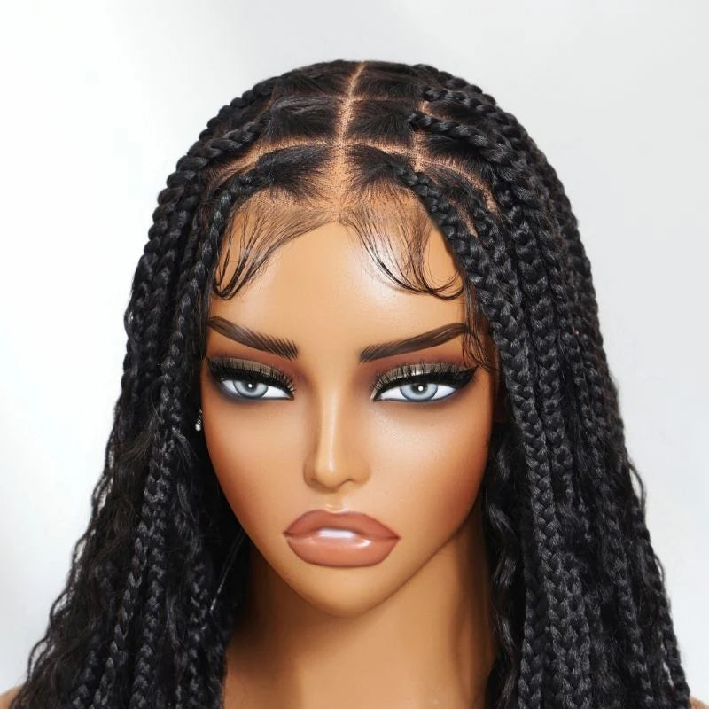 Flash Sale Klaiyi Knotless Full Lace Box Braid Wig Boho Goddess Braided Wig with Baby Hair Curly Ends Wig