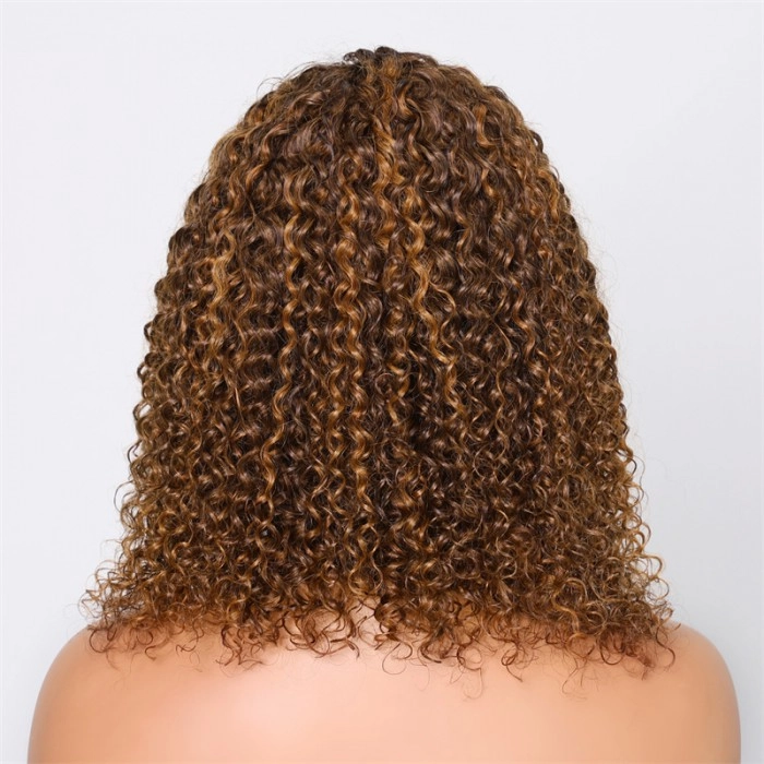 Klaiyi Piano Highlight Brown Jerry Curly BOB Wig 6x4.75  Pre-cut Glueless Lace Wear & Go Wigs Flash Sale