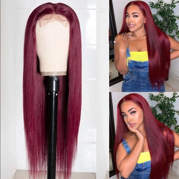 Klaiyi 180% Best Precolored 99J Silk Straight Lace Part Human Hair Wigs Flash Sale