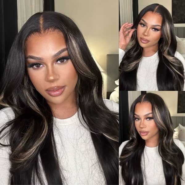Klaiyi 13x4 Natural Color With Peek A Boo Blonde Highlights Lace Front Body Wave Wig
