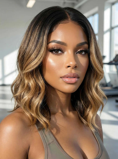 Klaiyi Balayage Brown French Bob Wig Shoulder-Length Loose Curls 13x4 Pre-Everything Glueless Lace with Invisi Drawstring