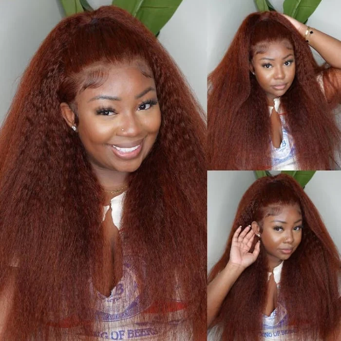 Buy 1 Get 1 Free,Code:BOGO |  Klaiyi Reddish Brown Hair Kinky Straight 7x5 Pre-cut Lace Wigs