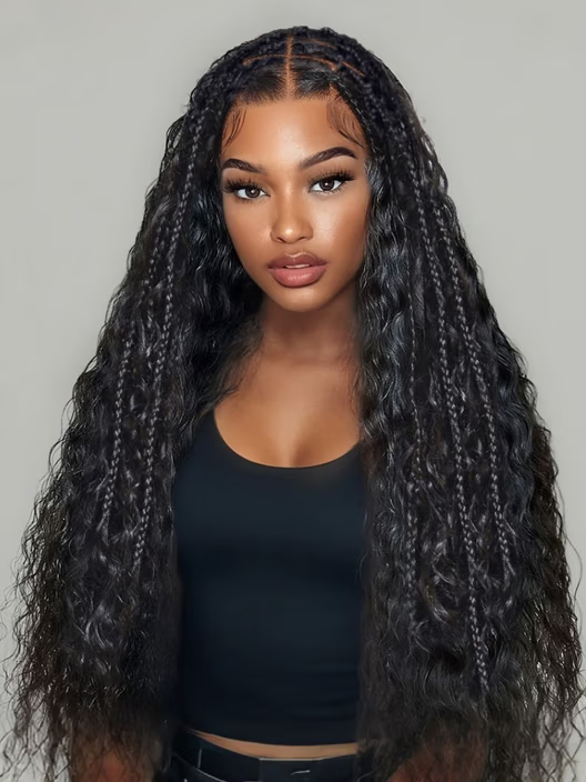 $99=36inch | Flash Sale Klaiyi 34inch Knotless Full Lace Box Braid Wig Boho Goddess Braided Wig with Baby Hair Curly Ends Wig