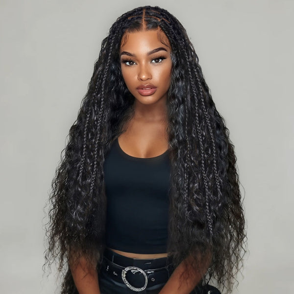 Flash Sale Klaiyi Knotless Full Lace Box Braid Wig Boho Goddess Braided Wig with Baby Hair Curly Ends Wig