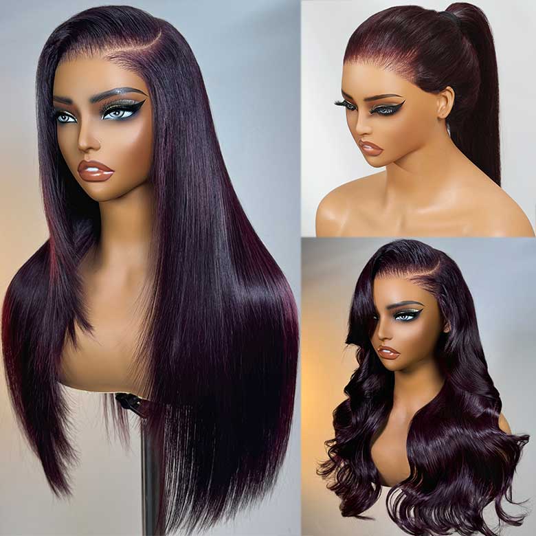 Klaiyi Black Cherry Layered Cut Straight/Loose Wave 7x5 and 13x4 Pre-Everything Lace Frontal Wig Put on and Go Glueless Wig