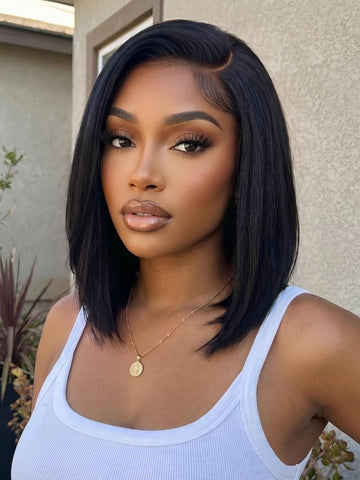 Klaiyi Full Lace Wig Straight Short Bob Human Hair Wig with Face-Framing Layers