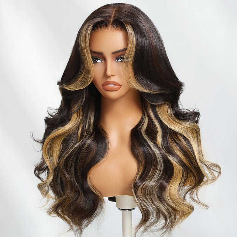 Klaiyi Honey Caramel Highlights Body Wave 7x5 Bye Bye Knots Put on and go Glueless Wigs 100% Human Hair