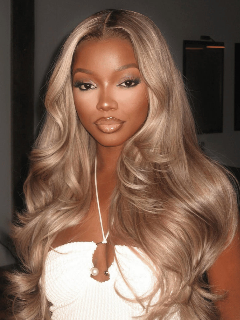 Klaiyi Smoky Beige Blonde With Root Melt 13×4 Pre Everything Body Wave Lace Frontal Wig Put On and Go With Invisi Drawstring