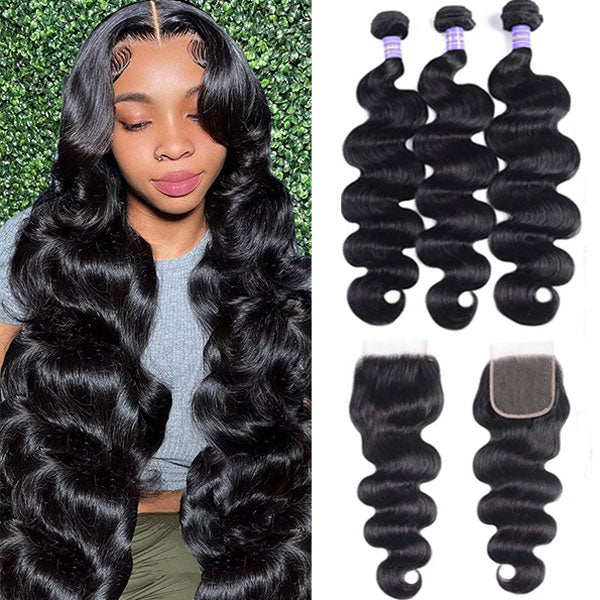 Klaiyi Remy Hair Brazilian Body Wave 3 Bundles with 4*4 Lace Closure On Sale Youth Series