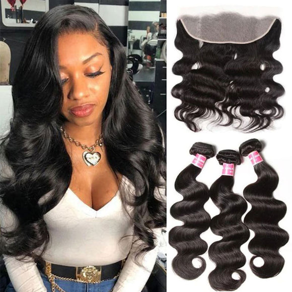 Klaiyi Hair, cheveux vierges ondulés, 3 paquets avec lace frontale 13x4 d'oreille à oreille 