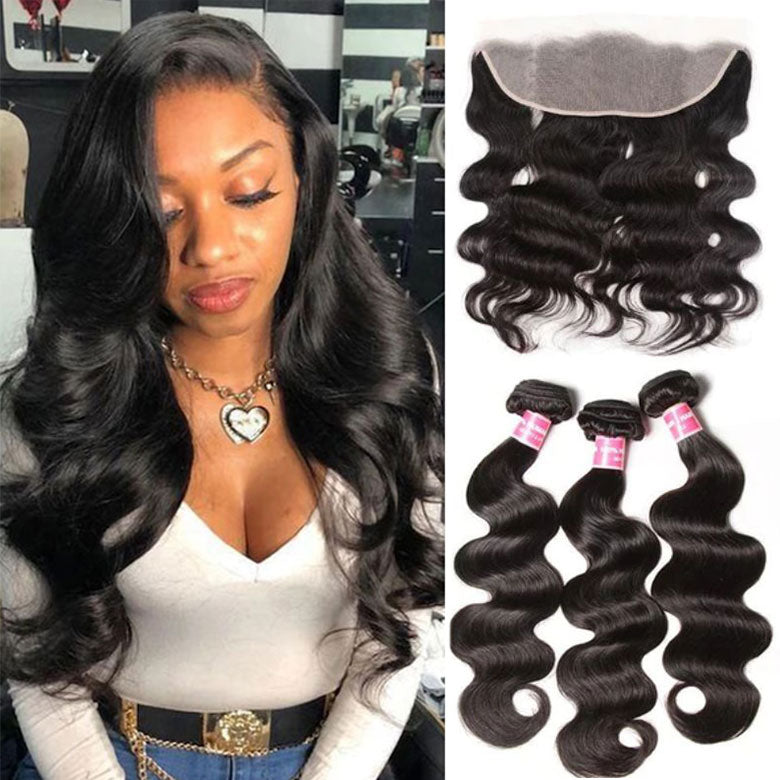 Klaiyi Hair Virgin Hair Body Wave 3 Bundles With 13×4 Lace Frontal Ear To Ear