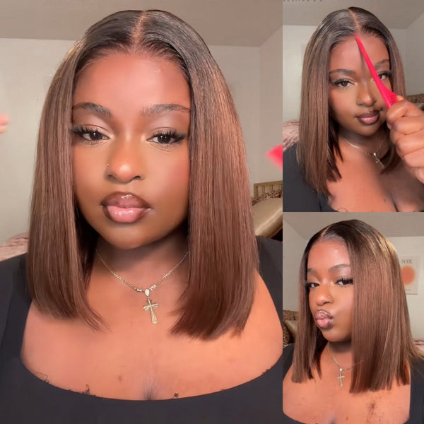 Klaiyi Bob Ombre Chestnut Brown Short Bob Wig 7x5 Bye-Bye Knots And 13x4 Lace Frontal Wig Flash Sale