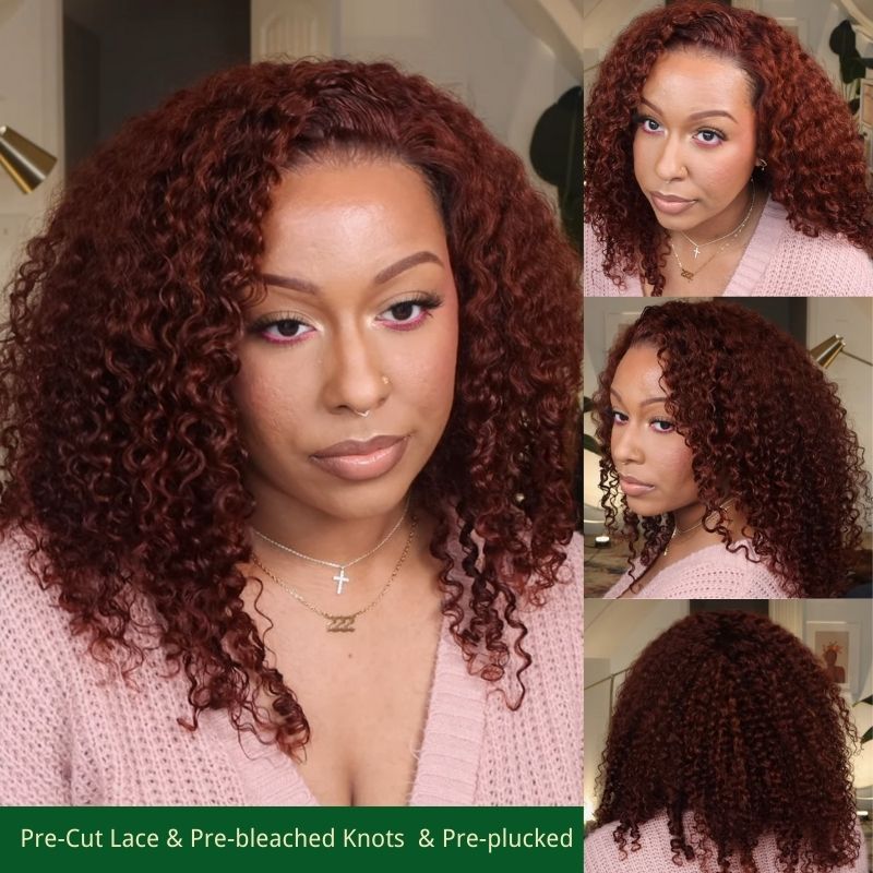 New User Exclusive | Klaiyi Pre-Cut Lace Wig Put On and Go Wigs Reddish Brown Jerry Curly Lace Closure Wig