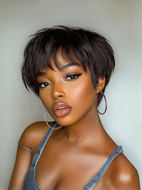 Down To $39 | Klaiyi Short Bob Wigs with Bang Pixie Cut Human Hair Wig Machine Made Natural Black Color Glueless Human Hair Wig Flash Sale
