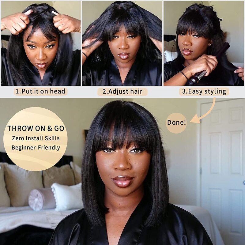 Klaiyi Silky Straight Glueless Minimalist Lace Wig Bob Wig With Bangs 3*1.25 T Part Lace Flash Sale
