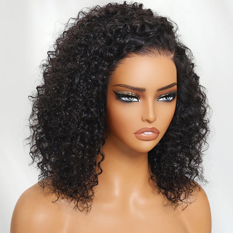 Klaiyi Hair Bouncy Curls Jerry Curly 13x4 Lace Frontal Wig C Parted Layered Cut Pre everything Human Hair Glueless Wigs