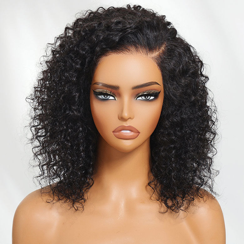 Klaiyi Hair Bouncy Curls Jerry Curly 13x4 Lace Frontal Wig C Parted Layered Cut Pre everything Human Hair Glueless Wigs