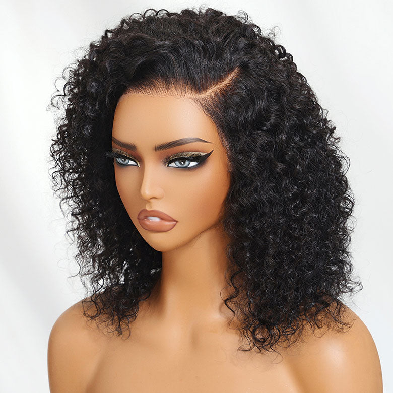 Klaiyi Hair Bouncy Curls Jerry Curly 13x4 Lace Frontal Wig C Parted Layered Cut Pre everything Human Hair Glueless Wigs