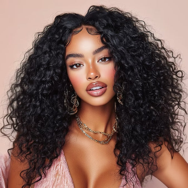Klaiyi Hair Bouncy Curls Jerry Curly 13x4 Lace Frontal Wig C Parted Layered Cut Pre everything Human Hair Glueless Wigs