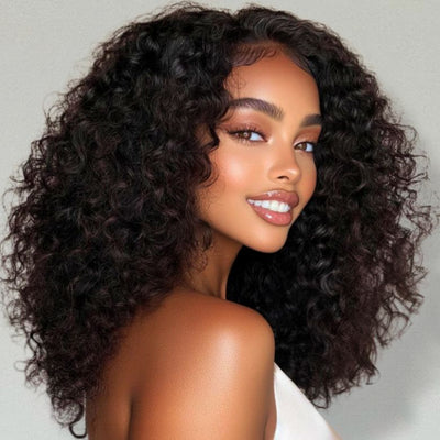 Klaiyi Hair Bouncy Curls Jerry Curly 13x4 Lace Frontal Wig C Parted Layered Cut Pre everything Human Hair Glueless Wigs Flash Sale