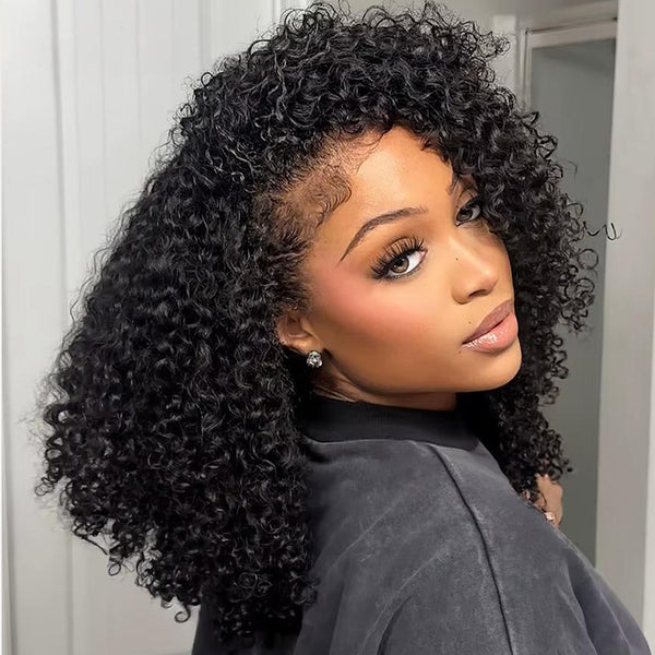 Klaiyi Hair Bouncy Curls Jerry Curly 13x4 Lace Frontal Wig C Parted Layered Cut Pre everything Human Hair Glueless Wigs Flash Sale