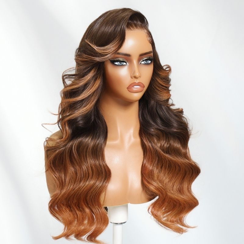 Klaiyi 13x4 Dark Brown Auburn Highlight Lace Frontal Loose Wave Wig Pre-Everything Put On and Go with Invisi-Drawstring