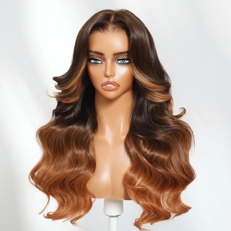 Klaiyi 13x4 Dark Brown Auburn Highlight Lace Frontal Loose Wave Wig Pre-Everything Put On and Go with Invisi-Drawstring