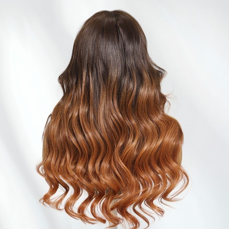 Klaiyi 13x4 Dark Brown Auburn Highlight Lace Frontal Loose Wave Wig Pre-Everything Put On and Go with Invisi-Drawstring
