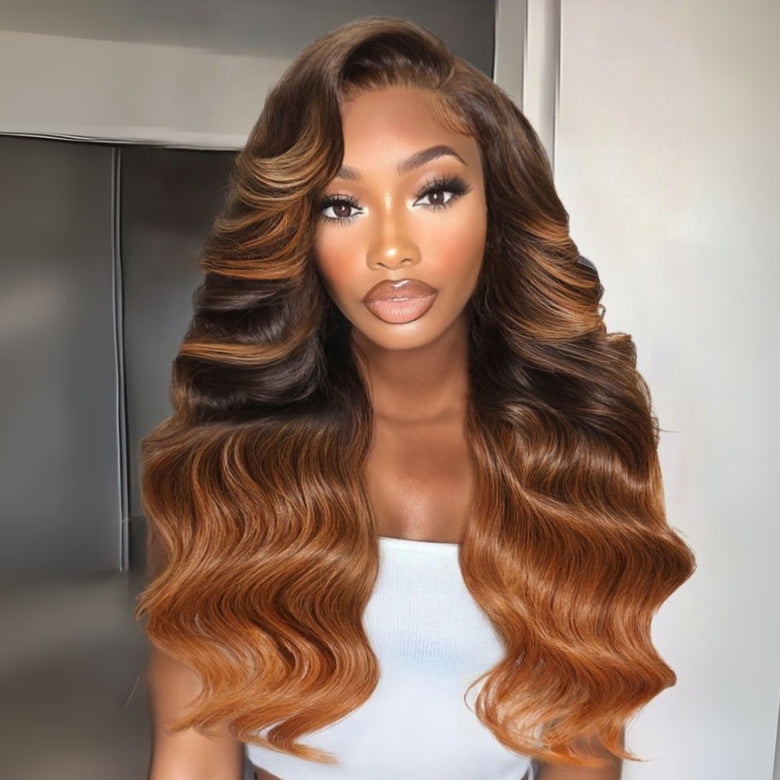 Klaiyi 13x4 Dark Brown Auburn Highlight Lace Frontal Loose Wave Wig Pre-Everything Put On and Go with Invisi-Drawstring