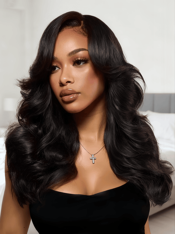 Klaiyi Middle Part Loose Curls Body Wave Wig 7x5 Bye Bye Knots 180% Density Wig