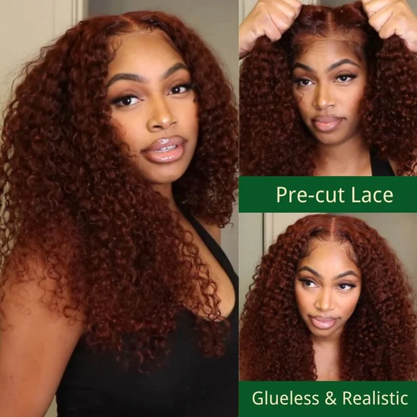 First Wig | Klaiyi 6x4.75/7x5 Pre-Cut Swiss Lace Wig Put On and Go Reddish Brown Color Jerry Curly Flash Sale