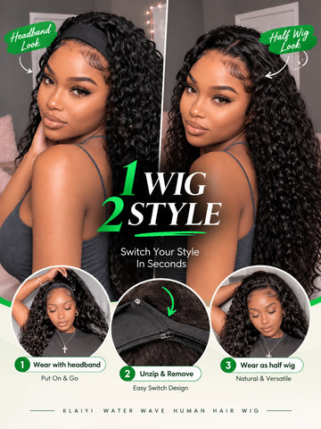 Klaiyi Water Wave Headband Wig 2-in-1 Glueless Human Hair Wig with Invisi Drawstring