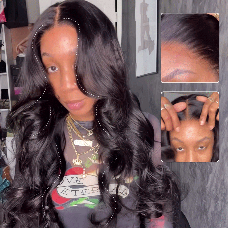 Klaiyi Hair HD Real Scalp™ Wig with Curtain Bangs 13x4 Invisible Lace Frontal Body Wave Wig Natural Black Color