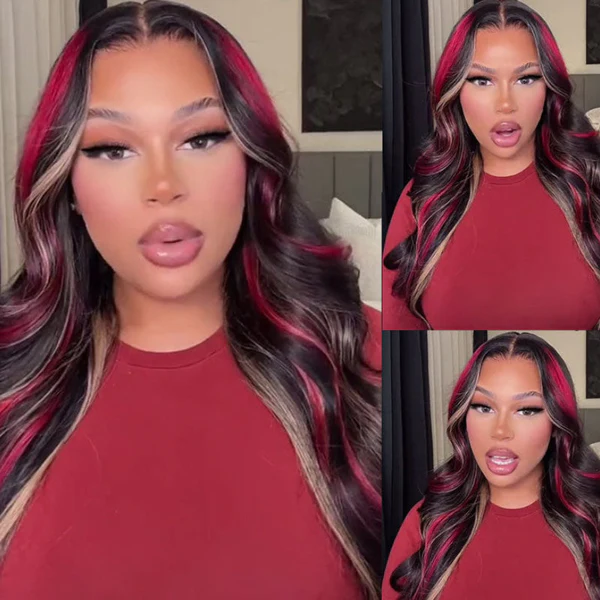 Klaiyi Multi Color Highlights 7x5 Bye Bye Knots Blonde And Red Body Wave Wigs Human Hair