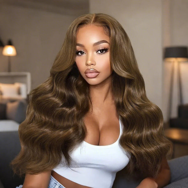 Klaiyi Medium Brown Loose Wave Hair 13x4 Pre-Everything Lace Frontal Wig with Invisi Drawstring