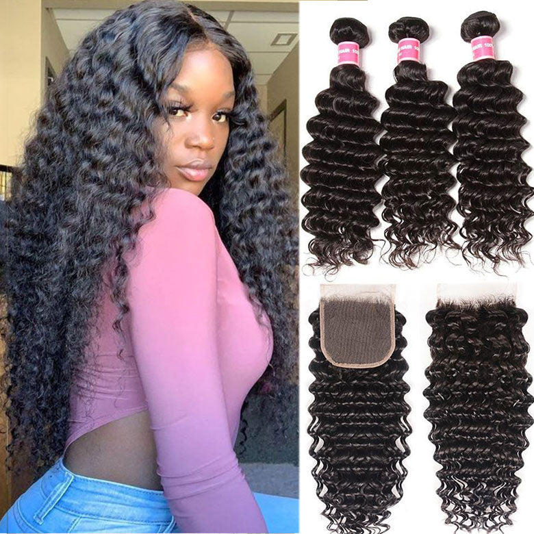 Klaiyi Hair Deep Curly Wave 3 Bundles with 4x4 Swiss Lace Closure 100% Virgin Human Hair