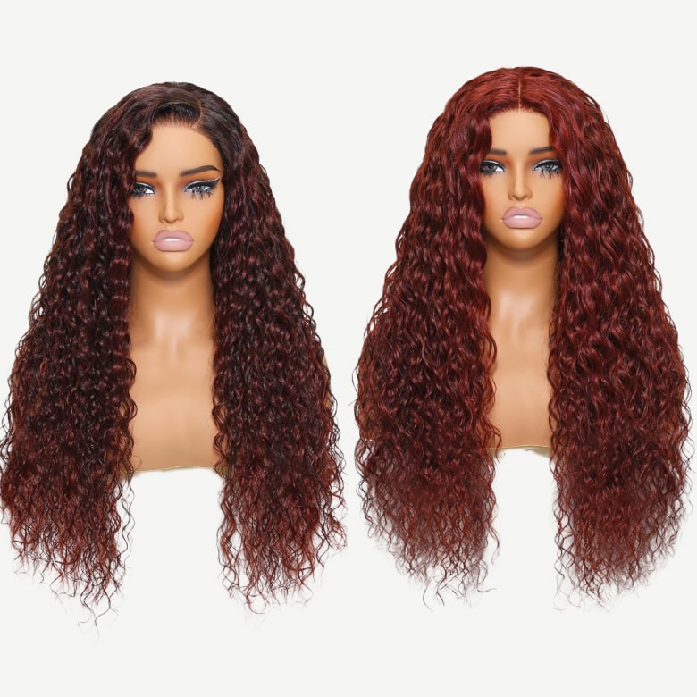 Double Wear Wig|Klaiyi Ombre Black Cherry &Reddish Brown Double Wear Wig Water Wave Flip & Go Fast Transformation 100% Human Hair Flash Sale