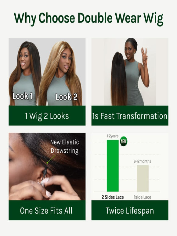 Double Wear Wig Ombre Chestnut Brown&Honey Blonde Yaki Straight Wig Flip & Go Fast Transformation 100% Human Hair Klaiyi Hair