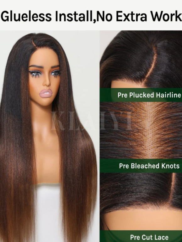 Double Wear Wig Ombre Chestnut Brown&Honey Blonde Yaki Straight Wig Flip & Go Fast Transformation 100% Human Hair Klaiyi Hair