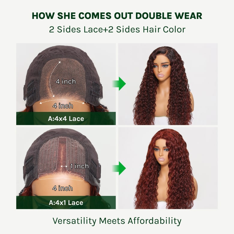 Double Wear Wig|Klaiyi Ombre Black Cherry &Reddish Brown Double Wear Wig Water Wave Flip & Go Fast Transformation 100% Human Hair Flash Sale
