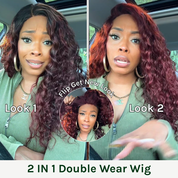 Double Wear Wig|Klaiyi Ombre Black Cherry &Reddish Brown Double Wear Wig Water Wave Flip & Go Fast Transformation 100% Human Hair Flash Sale